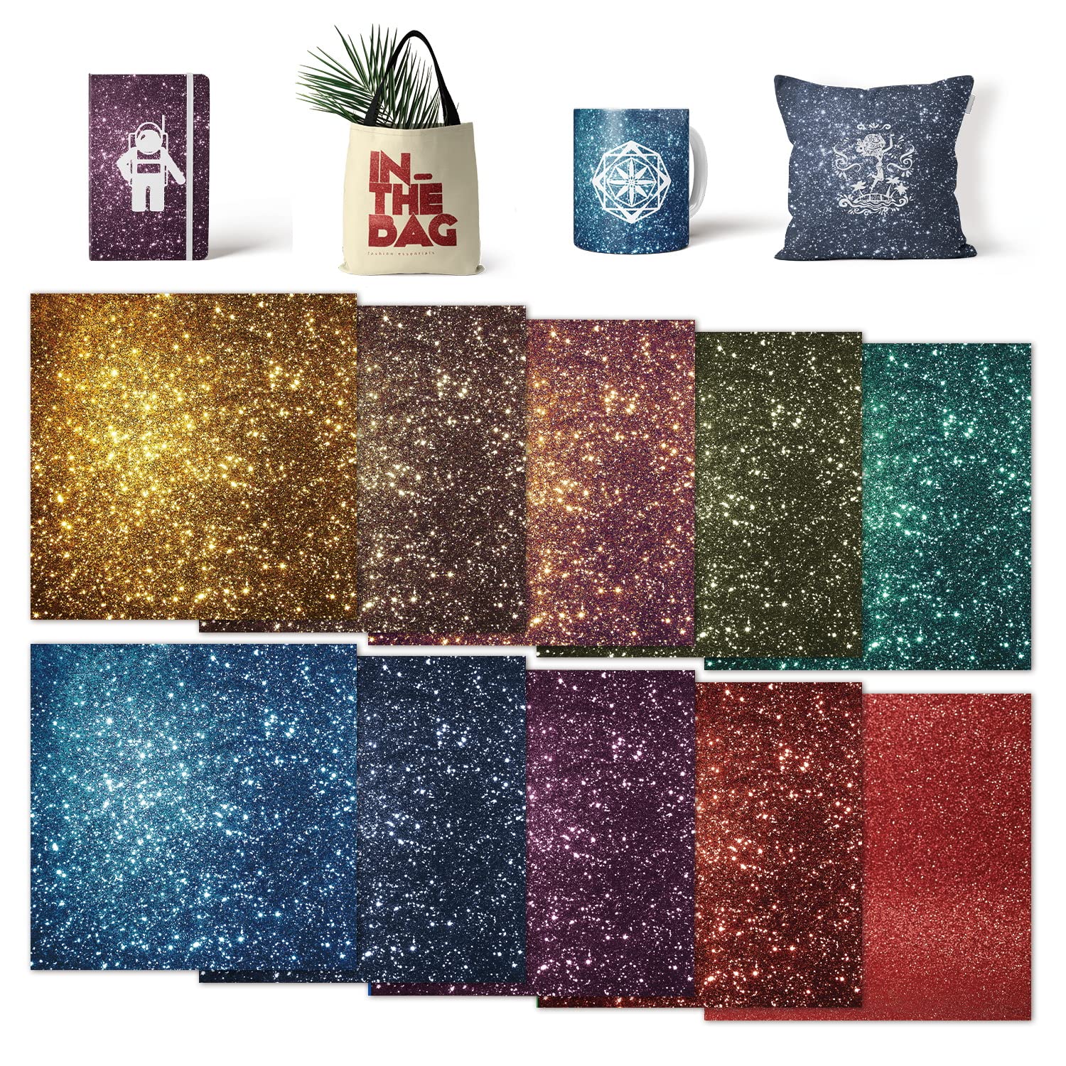 Insoluble Transfer Sheets-Glitter-Sublimation Paper for T-Shirts Cup Coasters Mug,10 PCS/Set, 12"x12"（Gold Green Blue Purple Brown）