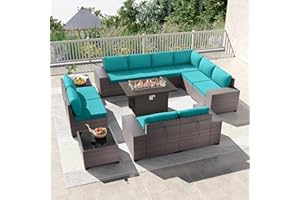 Kullavik 13 Pieces Outdoor Patio Furniture Set with 43" 55000BTU Metal Gas Propane Fire Pit Table PE Wicker Rattan Sectional Sofa Patio Conversation Sets,Cream