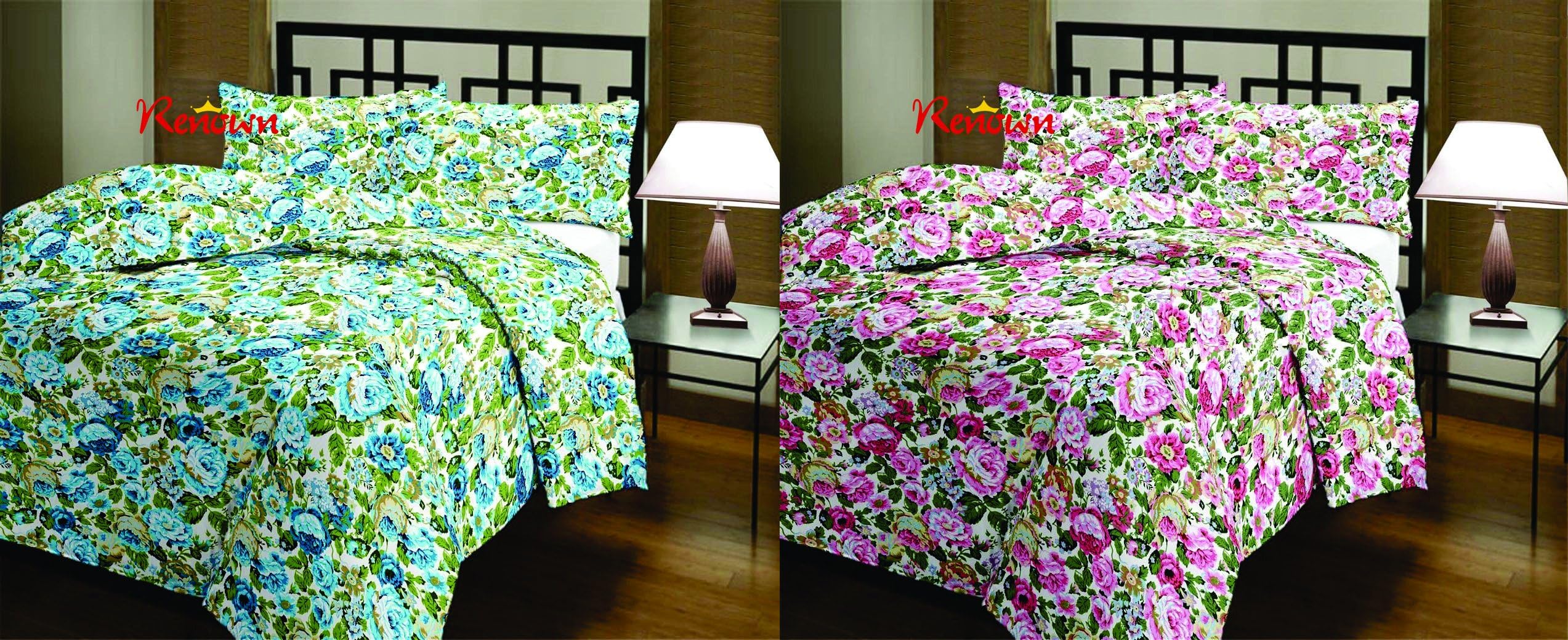 Renown Micro Cotton Attractive Floral Prints Reversible Single Bed Soft AC Blanket, Blue and Pink - Combo Set of 2 Pc