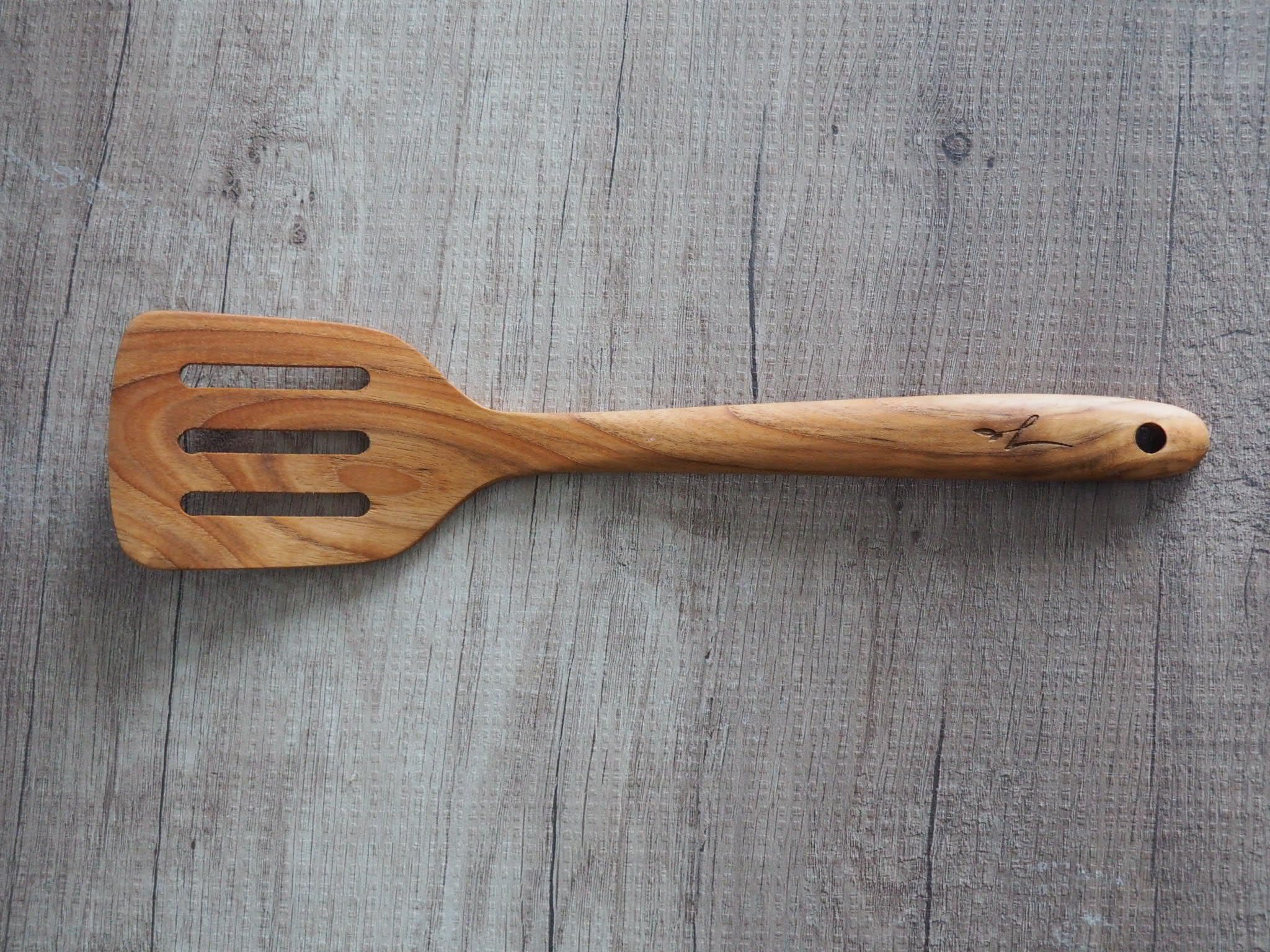 Teak wood Slotted Turner Hand craft utensil Medium size