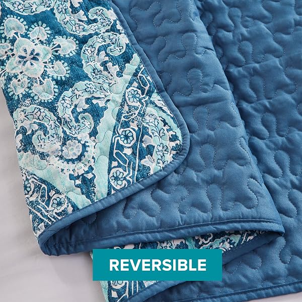 COMFORT SPACES REVERSIBLE QUILT SET-VERMICELLI STITCHING DESIGN ALL SEASON, LIGHTWEIGHT, COVERLET BEDSPREAD BEDDING, MATCHING SHAMS, TWIN/TWIN XL (66 IN X 90 IN), GLORIA DAMASK AQUA 2 PIECE