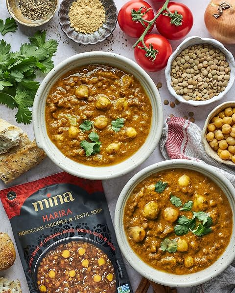 MINA HARIRA, MOROCCAN CHICKPEA & LENTIL SOUP, READY TO EAT MEALS,10 OZ GLUTEN FREE, HIGH IN PLANT BASED PROTEIN, MICROWAVABLE SOUP, VEGAN, NON-GMO, KOSHER, PACKAGED MEALS & SIDE DISHES