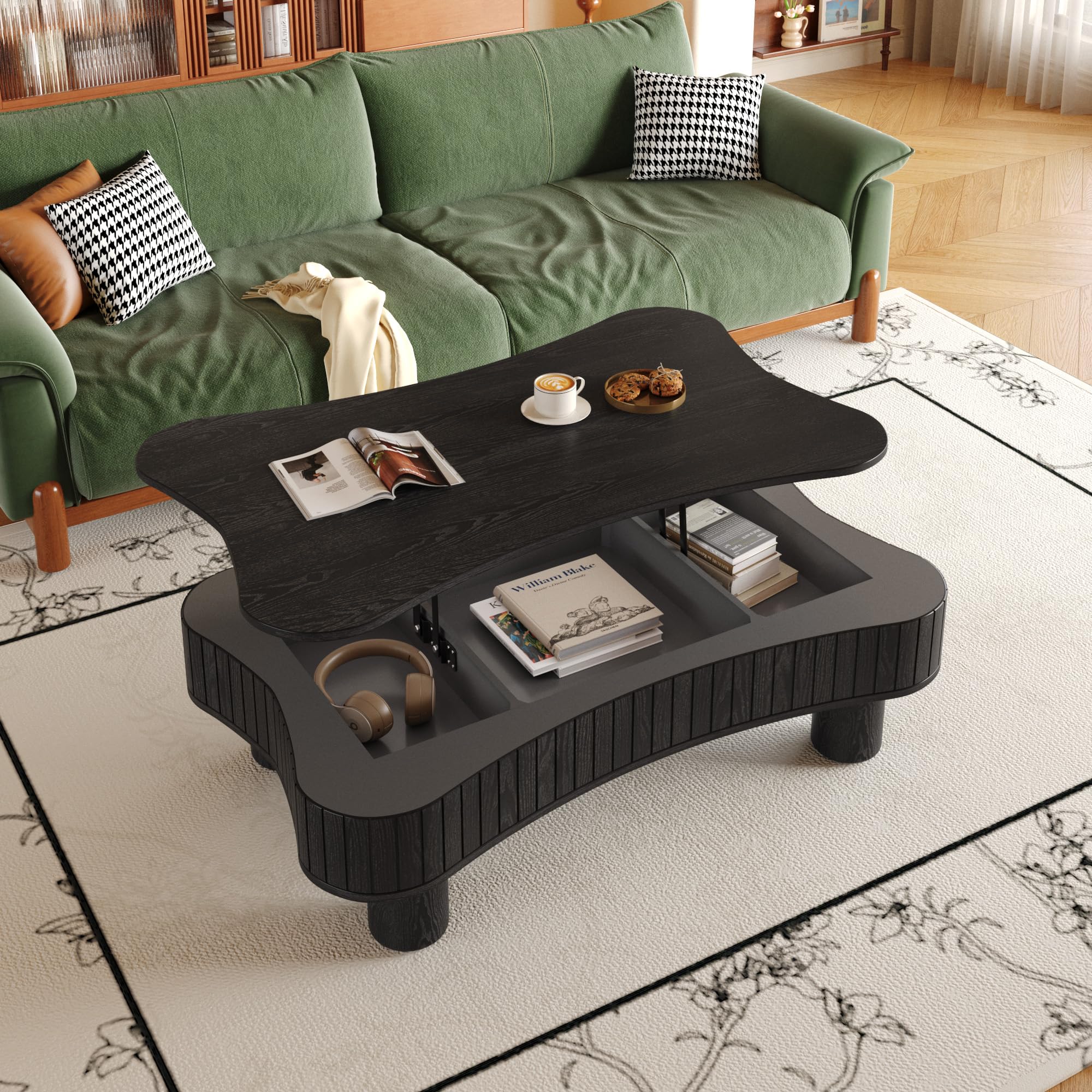 Photo 1 of ***MINOR DAMAGES/CHIPPED***Zurnes Lift Top Coffee Table with Storage, 42" Accent Table for Living Room, Fluted Panel Hidden Storage, Silent Hydraulic Lift, Curved Corners, Easy Assembly, Black