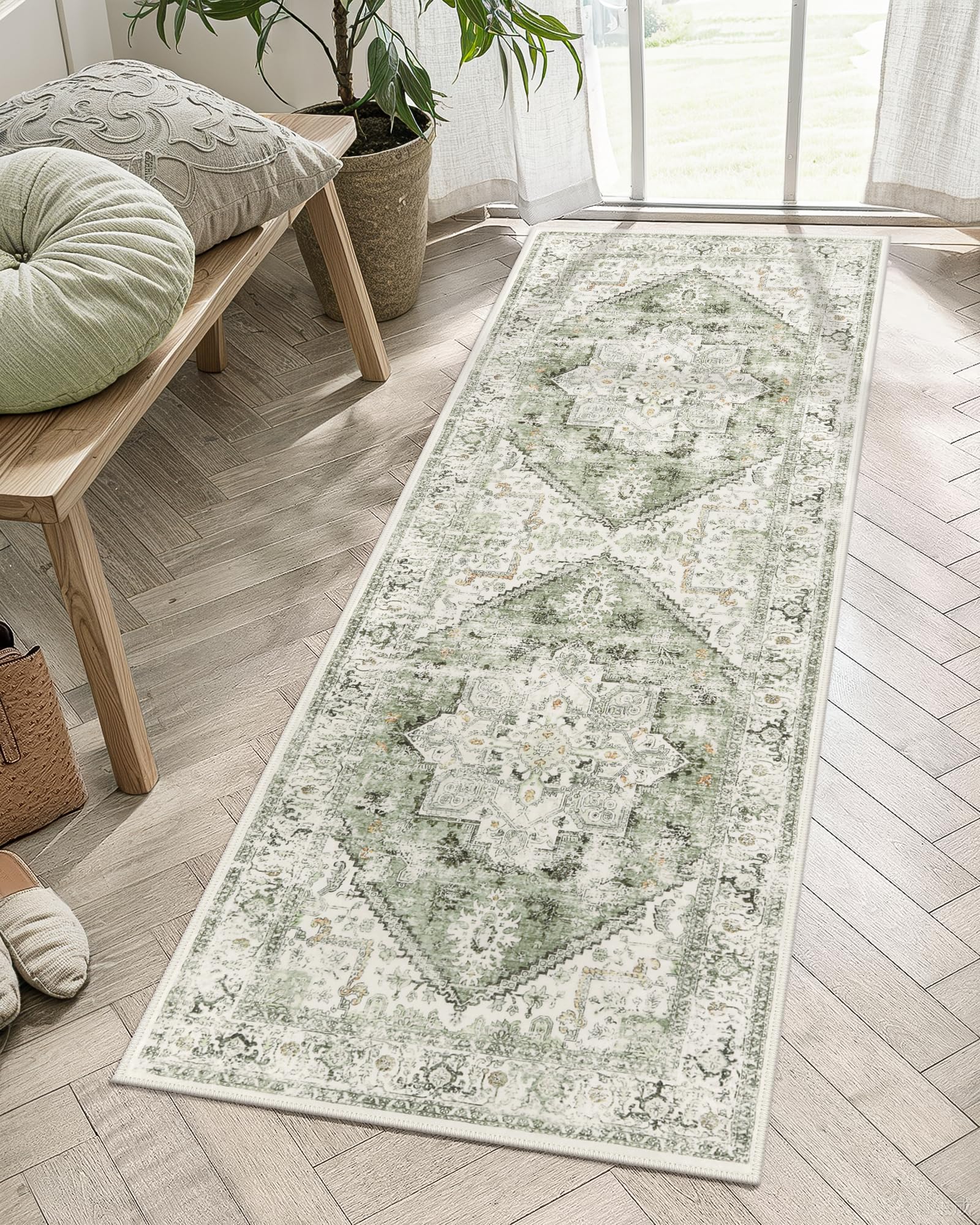 Photo 1 of LIVEBOX Washable Runner 2x6 - Vintage Tribal Kitchen Rug, Long Entryway, Low-Pile for Bedroom, Non-Skid Soft Carpet Throw for Bathroom Laundry Room Hallway Sage