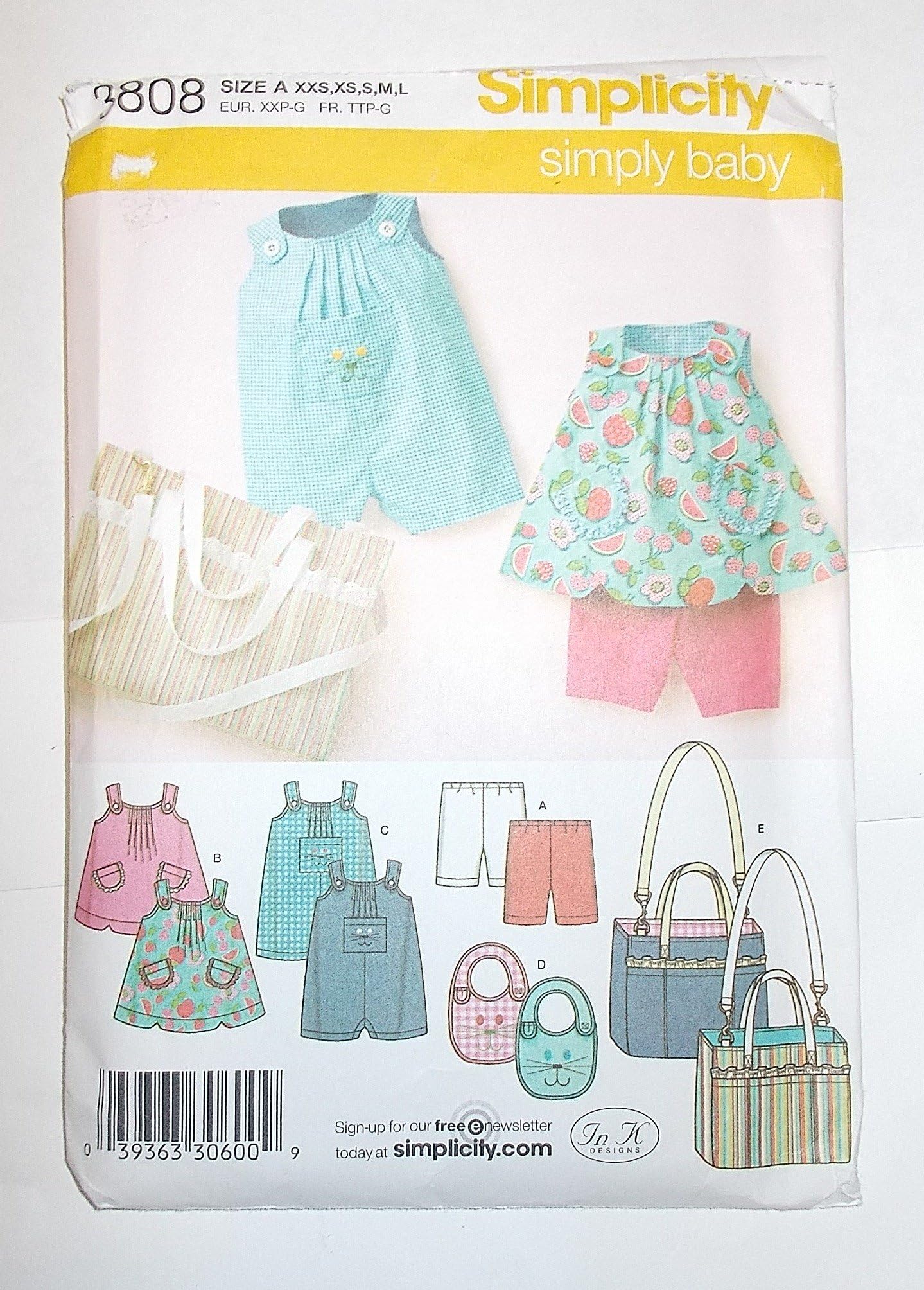 Simplicity Pattern 3808 Babies Top, Romper, Bib, Diaper Bag, and Knit Shorts