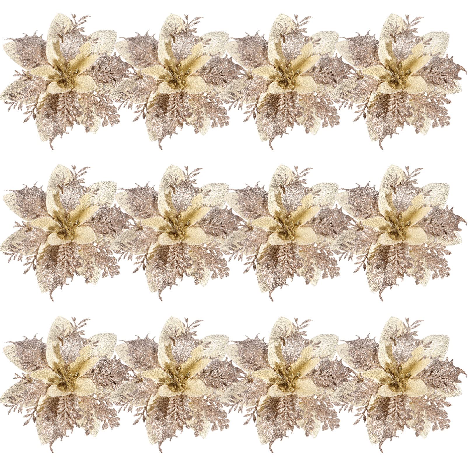 Toyvian, 12Pcs Christmas Glitter Poinsettia Flowers Gold Artificial Flowers with Stems & Clips Ornaments Flowers Decor for Holiday New Year (Champagne Gold), Silver (Q3705S157ZTJ9XJJHTBMXIQK)