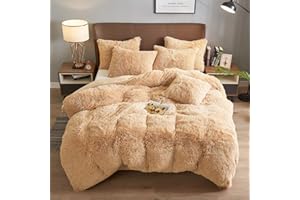 Dekoresyon Plush Duvet Cover Set, Luxury Ultra Soft Velvet Duvet Cover Set Fluffy Plush Shaggy Bedding Sets 4 Pieces (1 Duvet Cover + 2 Pillow Case + 1 Pillow Cover) Zipper Closure (King, Camel)