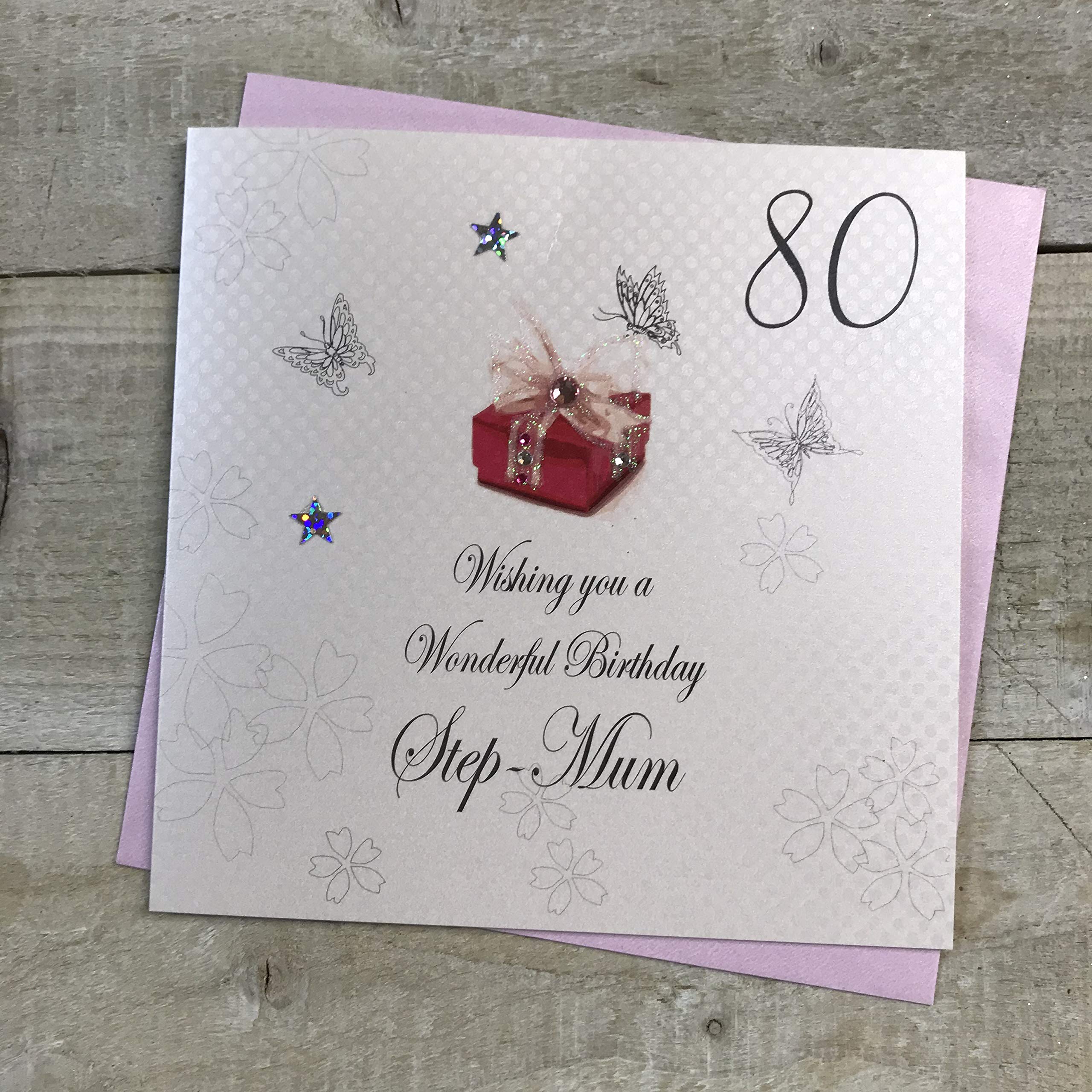 WHITE COTTON CARDS Wishing You a Wonderful Step-Mum, Handmade 80th Birthday Card (Red Present)