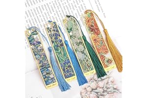 4 Pieces Metal Bookmark with Tassel,Cute Bookmarks Oil Painting Theme Aesthetic Bookmark Golden Van Gogh Book Marks for Women