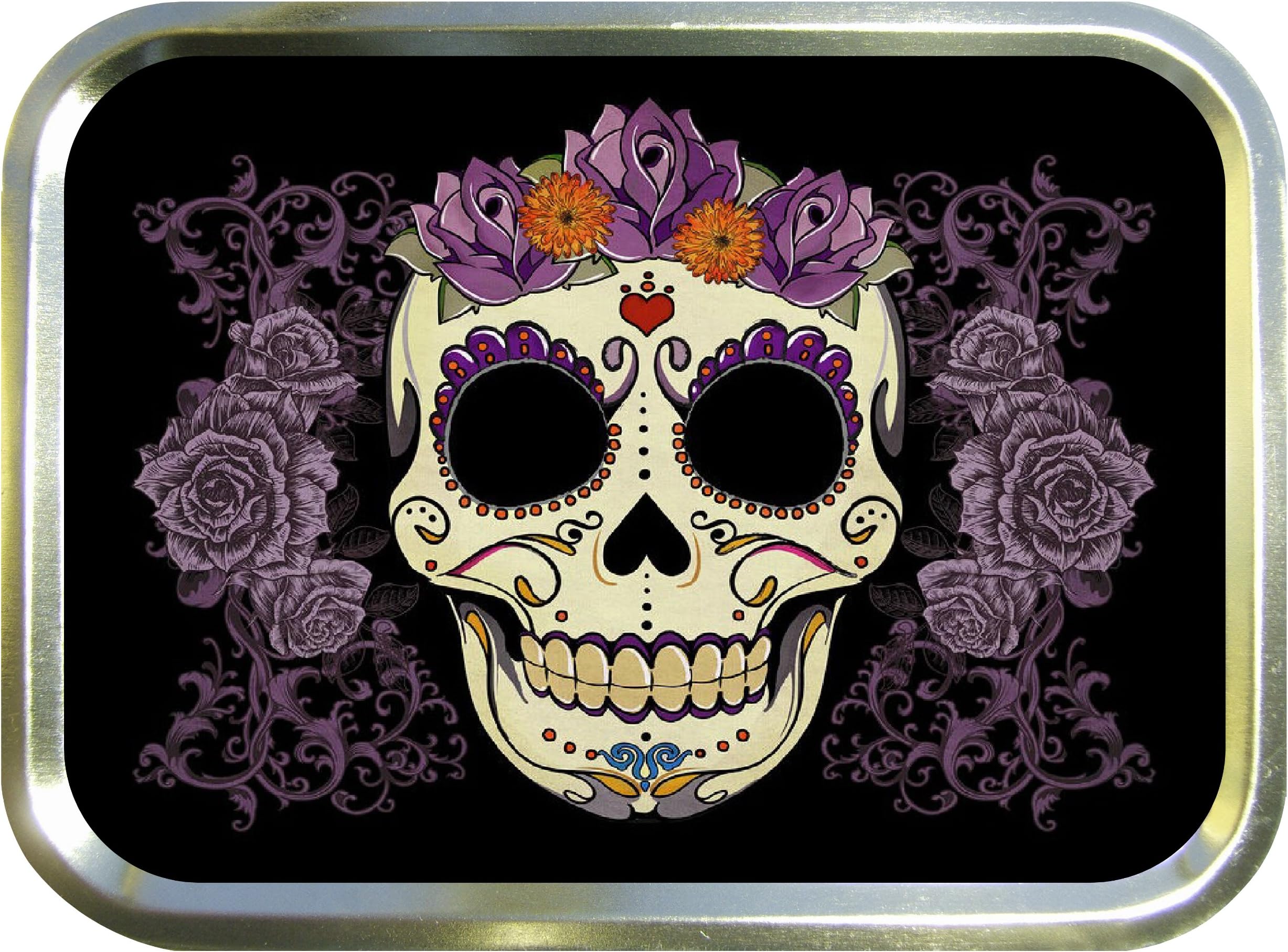 DAY OF THE DEAD PURPLE ROSE 2oz GOLD TOBACCO TIN,BACCY TIN,PILL TIN,FISHING TIN,SEWING TIN