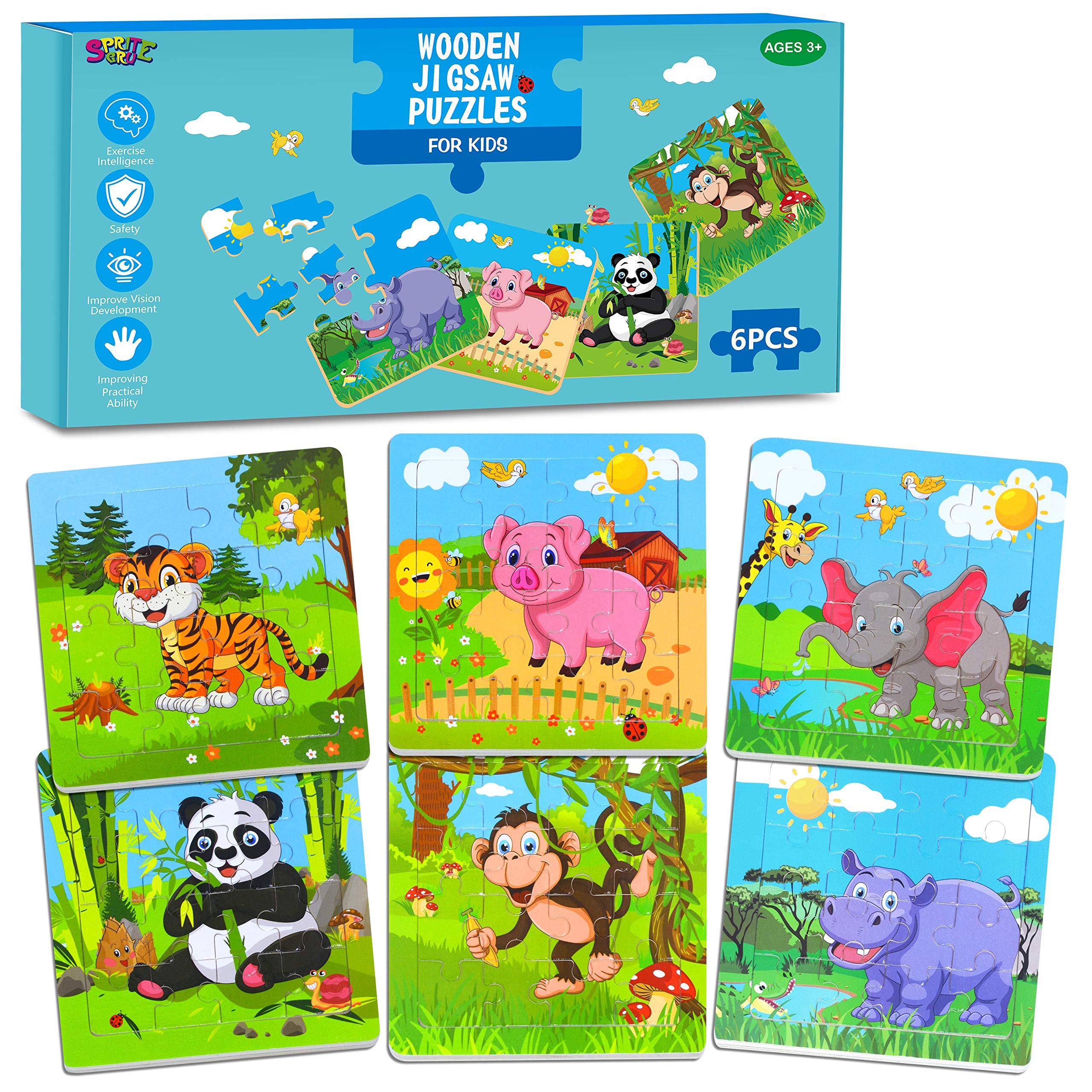 6 Packs Wooden Animals Jigsaw Puzzle, Early Educational Learning Toys Set Preschool Puzzles for 3+ Years Old Kids