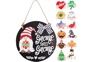CYNOSA Interchangeable Seasonal Gnome Sweet Gnome Welcome Sign for Front Door Decor Wooden Gnome Door Hanger, 12 Inches Farmhouse Wall Sign Gnome Decor (Black)