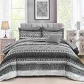 WONGS BEDDING 8 Piece King Size Comforter Set, Black Grey Striped Bed in a Bag Comforter and Sheet Set, Boho Lightweight Microfiber Bedding Set for All Season (90"×104")