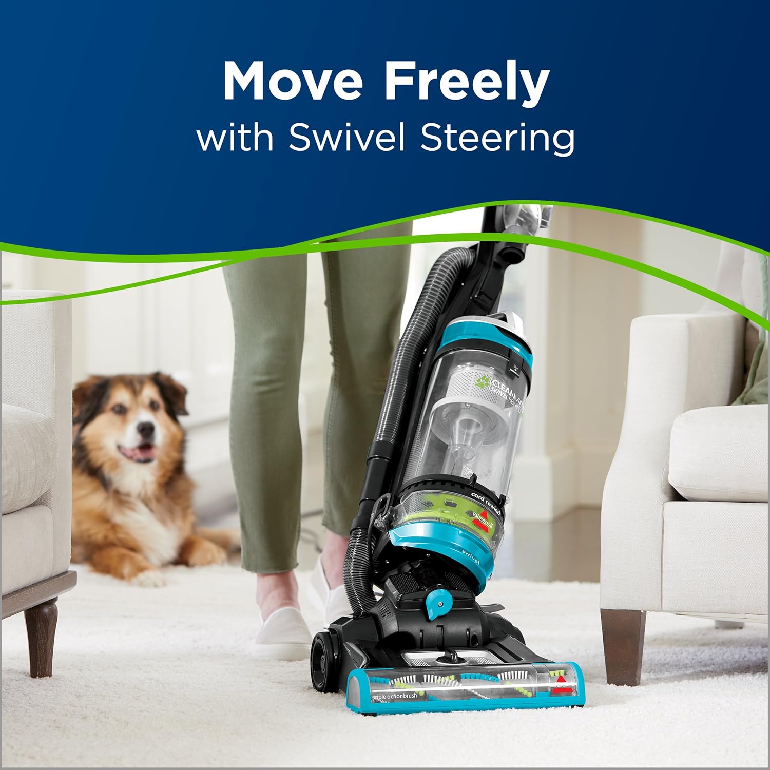 BISSELL Cleanview Swivel Rewind Pet Upright Bagless Vacuum Cleaner, Teal -