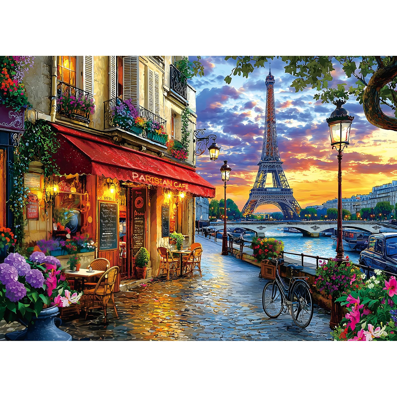 View 1 of 1000 Pieces Paris Twilight Jigsaw Puzzle for Adults - Stress Relief & Family Bonding Game, Scenic Eiffel Tower & Seine River Art, 27.56x19.69 Inches Home Decor
