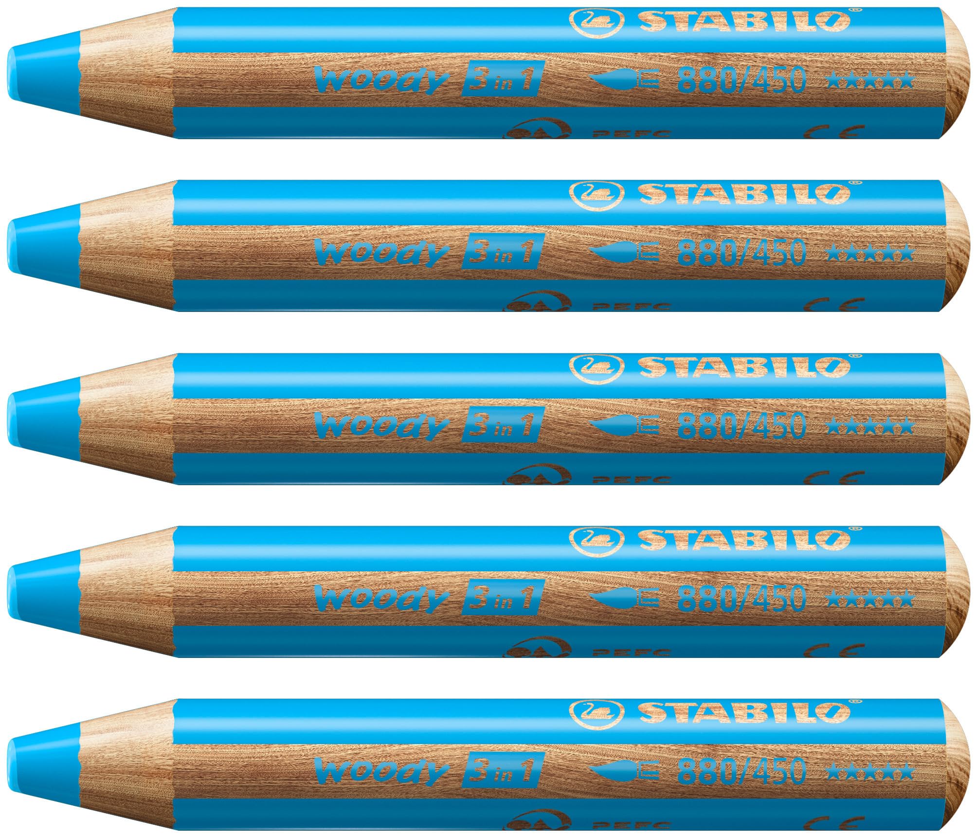STABILO woody 3-in-1 - Multi-Talented Pencil - Pack of 5 - Cyan Blue