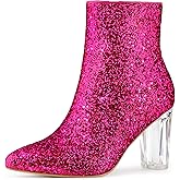 Allegra K Women's Clear Block Heel Glitter Hot Pink Ankle Boots 7 m US