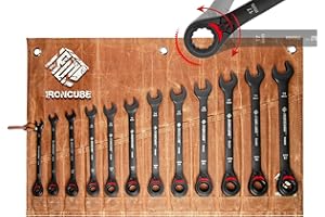 ironcube Reversible Ratcheting Wrench Set: 12-Piece Metric 8-19mm - Tough Black - Wax Canvas Storage Bag - Automotive and Motorcycle Repair Tools