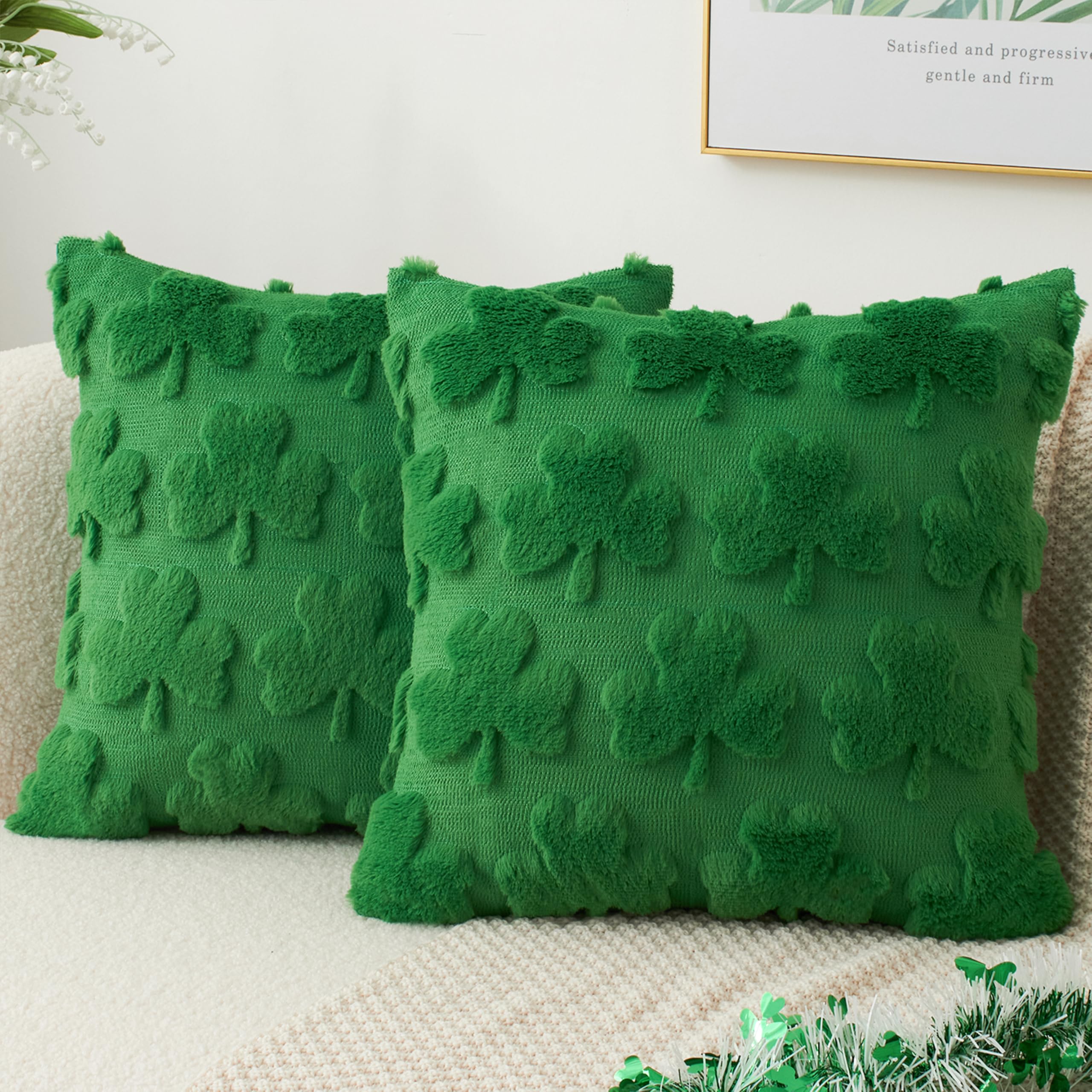 Photo 1 of Kevin Textile St. Patrick's Day Pillow Covers 18 x 18 Inch Pack of 2 Soft Faux Fur Green Shamrock Decorative Lucky Clover Throw Pillowcase for Spring Home Bed Sofa Couch Green