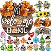 Interchangeable Welcome Sign for Front Door with 4 Seasonal Wreaths 21 Changeable Icons, Farmhouse Rustic Outdoor Welcome Signs Porch, Spring Winter Fall Decorations for Home House Warming Gifts