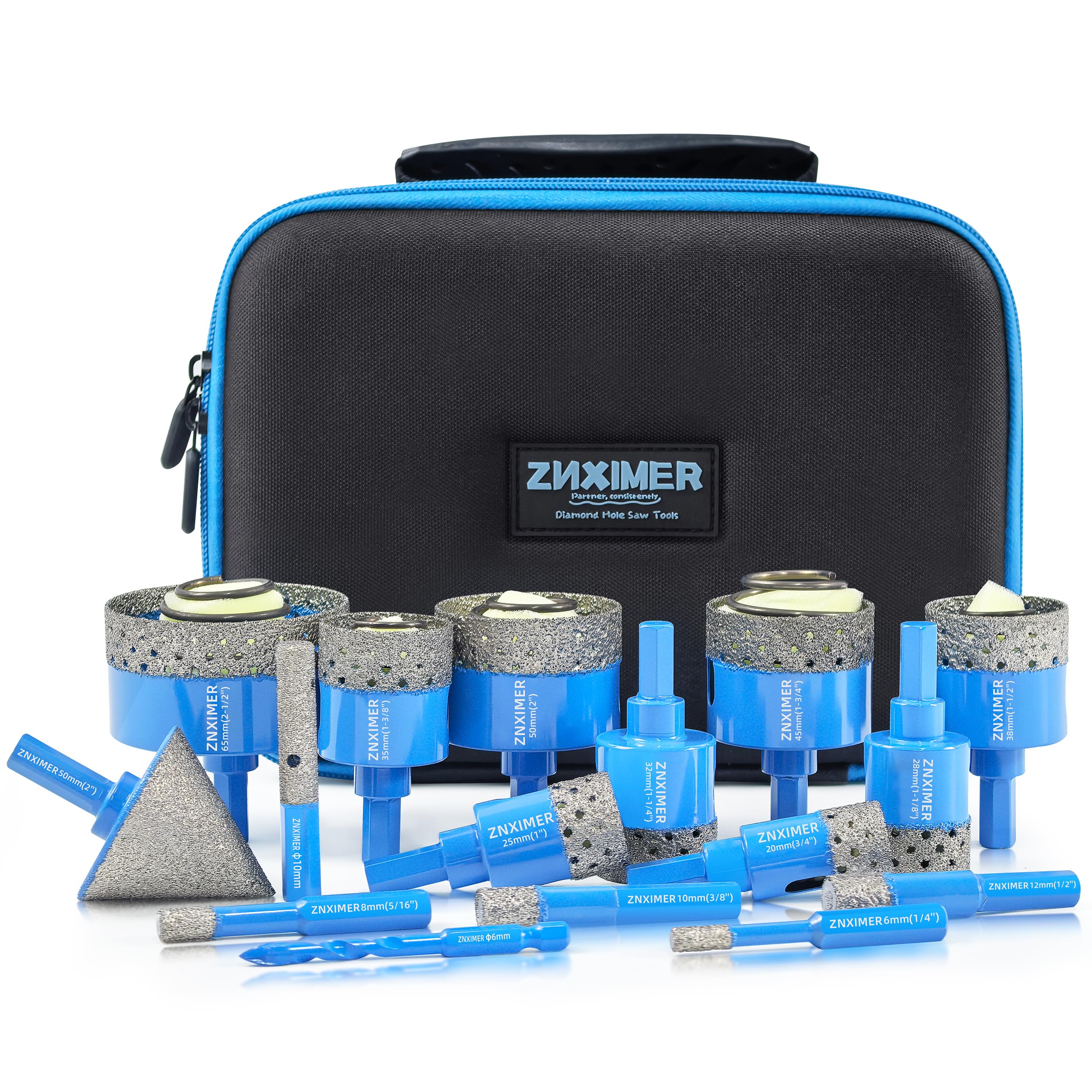 Tile Hole Cutter Set, ZNXIMER Diamond Drill Bits, 16pcs Tile Drill Bits 6mm-65mm for Glass, Porcelain Tiles, Ceramic, Granite, Marble, Stone and More Drilling