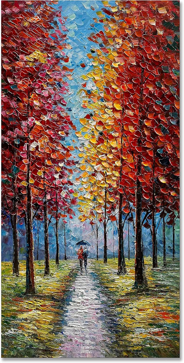 Paintings - Creespi 24x48inch Landscape Oil Painting On Canvas Textured Tree Abstract Contemporary Art Wall Paintings Handmade Home Decorations Vertical Canvas Wall Art Ready to Hang