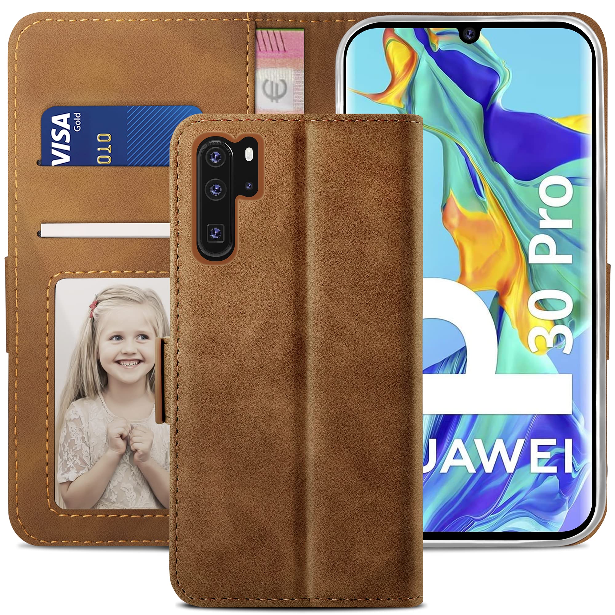 YATWIN Compatible with Huawei P30 Pro Case, Flip Wallet Leather Case with Card Slot and Shockproof Function Kickstand Phone Cases Cover for Huawei P30 Pro - Brown