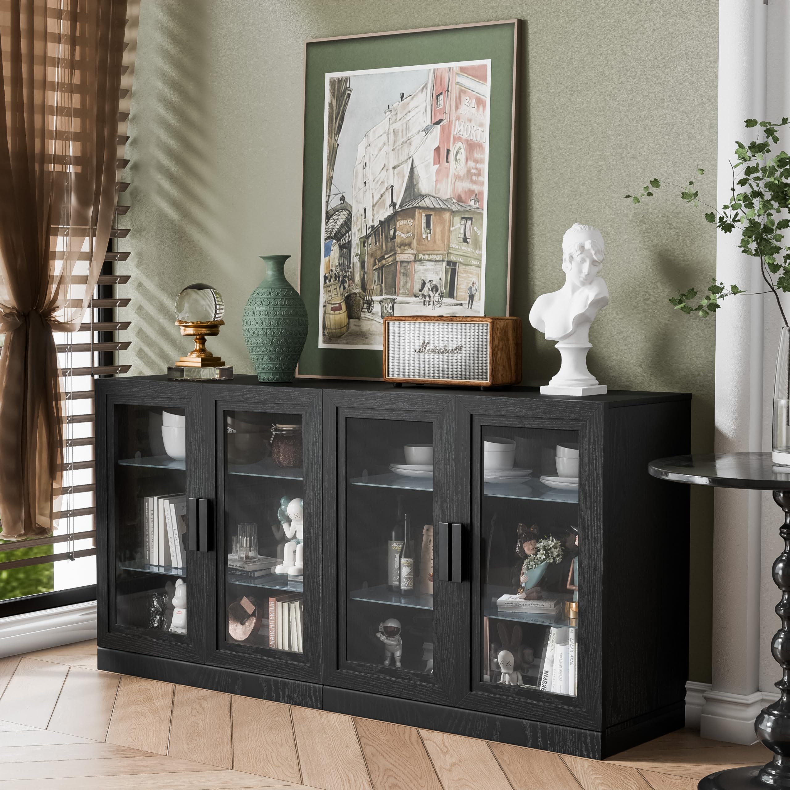 Photo 1 of **2 BOXES**Casaphoria 62" W x 36" H x 16" D Large Sideboard Buffet Cabinet with 4 Glass Doors,2 Adjustable Shelves Kitchen Coffee Wine Bar Buffet Table for Living/Dinning Room Bedroom Entryway, Black