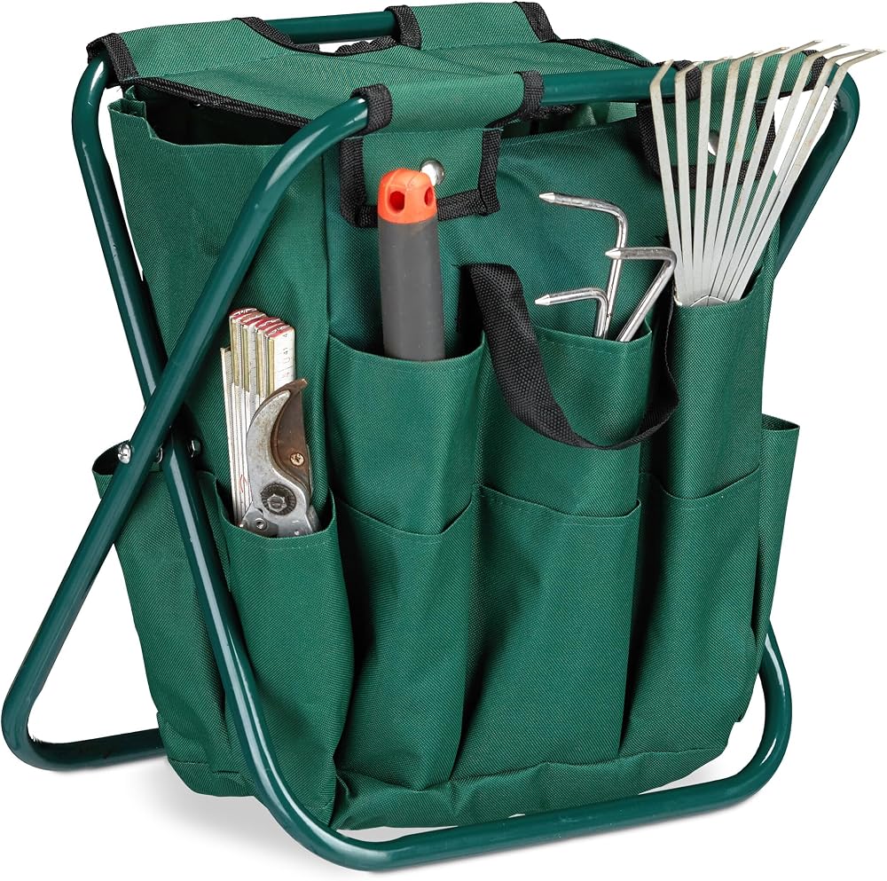 Relaxdays Foldable Garden Tool Storage Seat, 16 Pockets, Green
