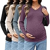 Sweetyweee 4 Pack Maternity Shirts V Neck Long Sleeve Pregnancy Clothes Ribbed Fit Women's Sweaters Winter Mama's Thermal Top(Purple, Blue, Apricot, Black,L)