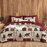 Wake In Cloud - Rustic Quilt Set, Cabin Country Christmas Bear Deer Wildlife Plaid Lodge Western Theme, Reversible Lightweight Bedspread Coverlet, 3 Pieces, Burgundy Brown, King Size