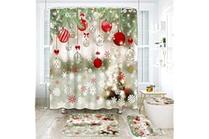 ArtSocket 4 Pcs Shower Curtain Set Colorful Christmas Balls Snowflakes with Non-Slip Rugs Toilet Lid Cover and Bath Mat Bathroom Decor Set 72" x 72"
