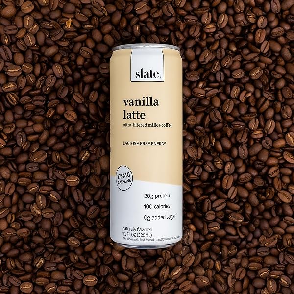 SLATE MILK – HIGH PROTEIN ICED COFFEE – VANILLA LATTE – 175MG CAFFEINE, LACTOSE FREE ENERGY – 20G PROTEIN, 1G SUGAR, 100 CALORIES, 1G NET CARBS, NO SUGAR ADDED – PROTEIN COFFEE – 11 FL OZ, 12 CANS