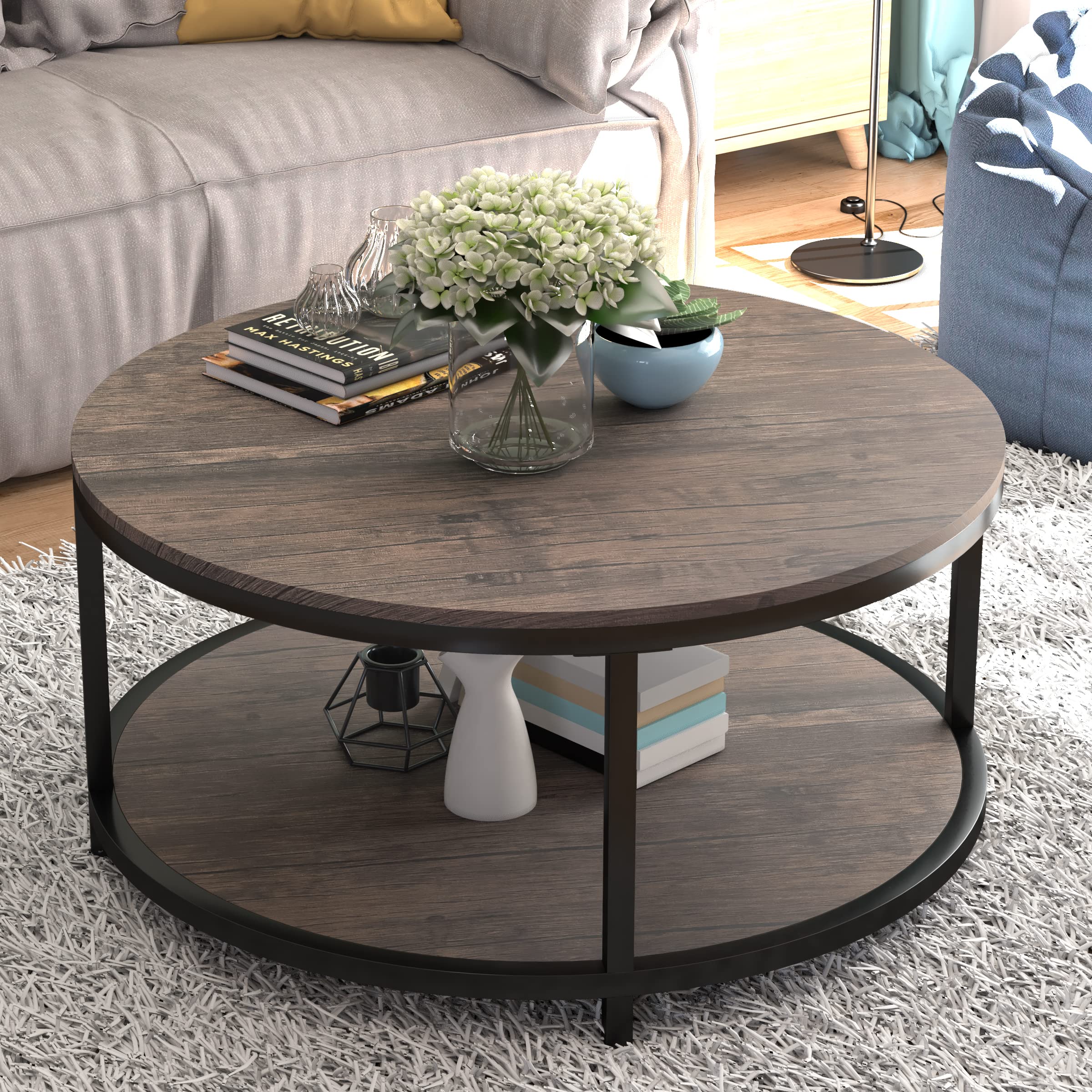 Photo 1 of ***SIMILAR IMAGE***NSdirect Round Coffee Table,36" Coffee Table for Living Room,2-Tier Rustic Wood Desktop with Storage Shelf Modern Design Home Furniture(Light Walnut)
