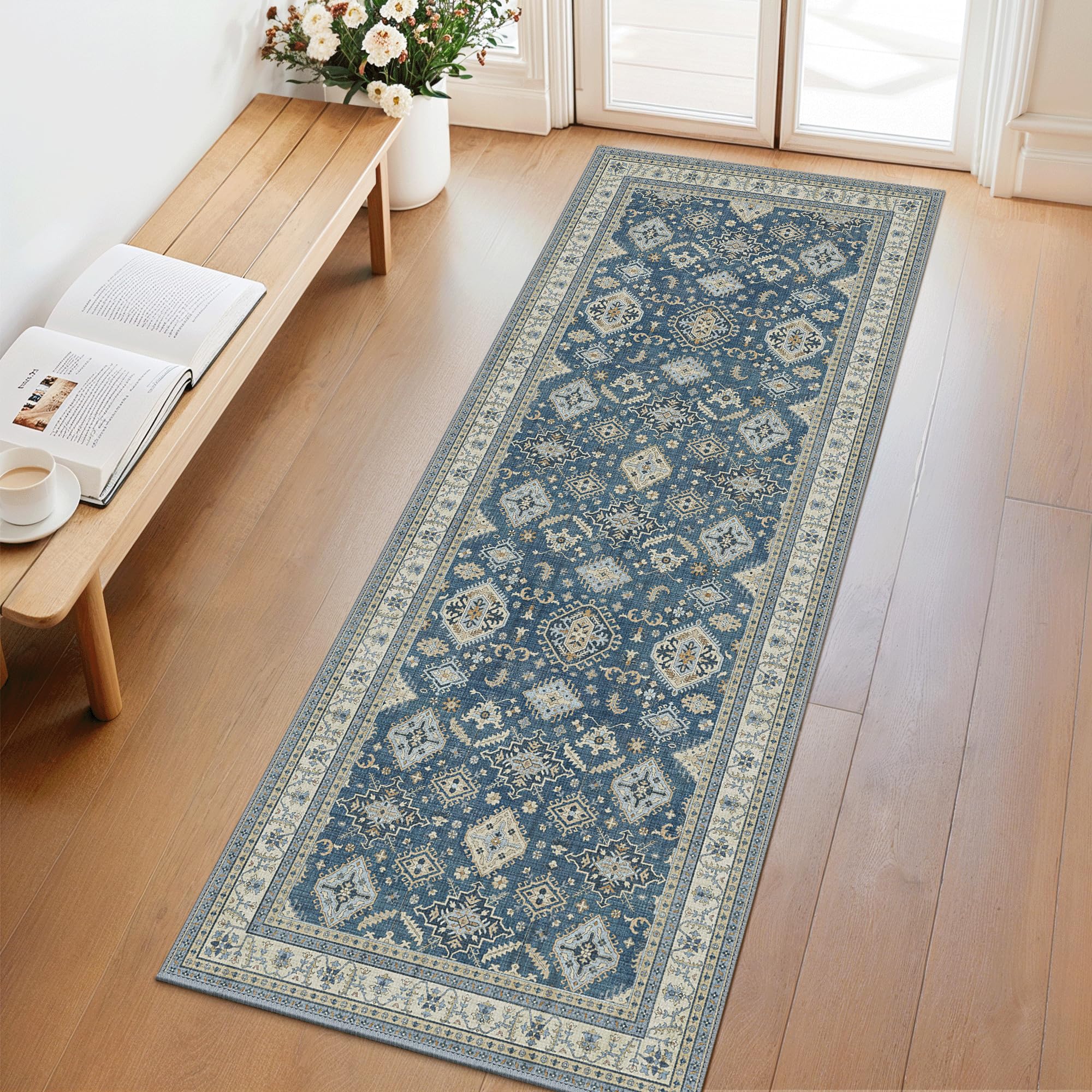 Photo 1 of GENIMO Runner Rug for Hallways Machine Washable, 2x5 Non Slip Boho Vintage Lightweight Washable Runners, Thin Floor Runners for Entryway Hallway Bathroom Laundry Room Corridor, Blue