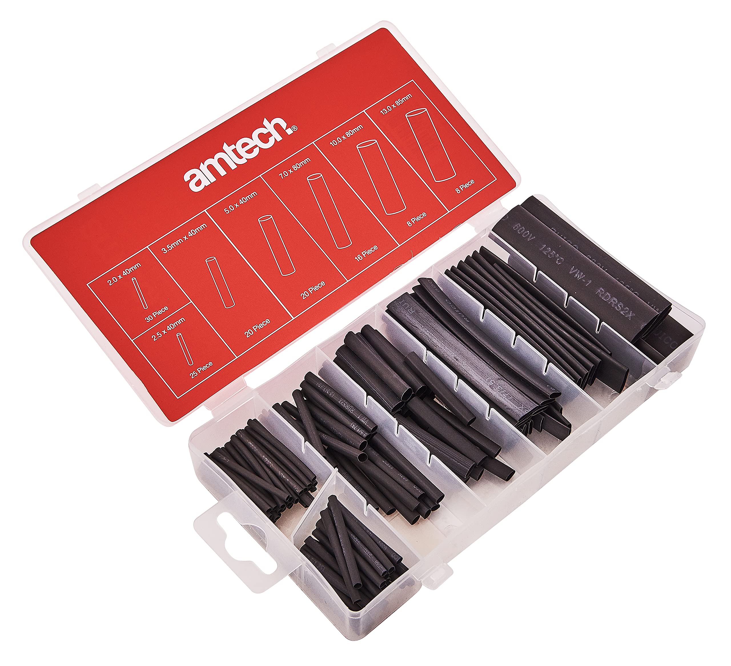 Amtech S6205 Heat Shrink Wrap Assortment, 7 Different Size Heat Shrink Tubes, 600V Rated UL Certified, 127 Pieces Plus Storage Case