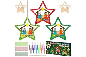 BeYumi Christmas Wooden Star Craft - 20Pcs DIY Wooden Star Ornaments Craft Kit for Kids Make Your Own Nativity Stars Christian Religious Xmas Craft with Gem Sticker Church Party Decoration Supplies