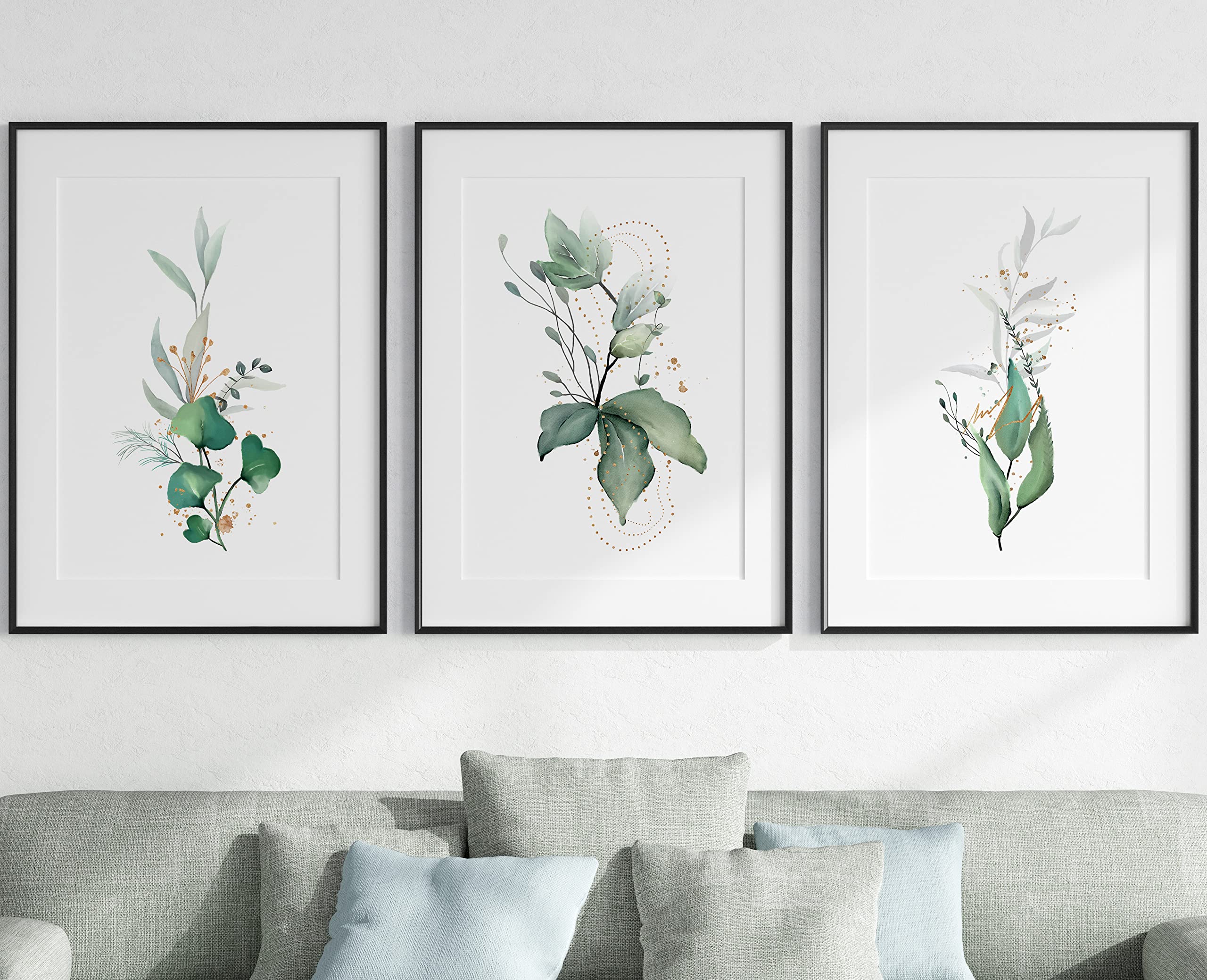 Eviepops Prints Eucalyptus Botanical Wall Art Set of 3 Unframed Prints, Abstract Tropical Plant Decor, Living Room Bedroom Poster Home Decor, White Plant Leaves Green Gold (A3)