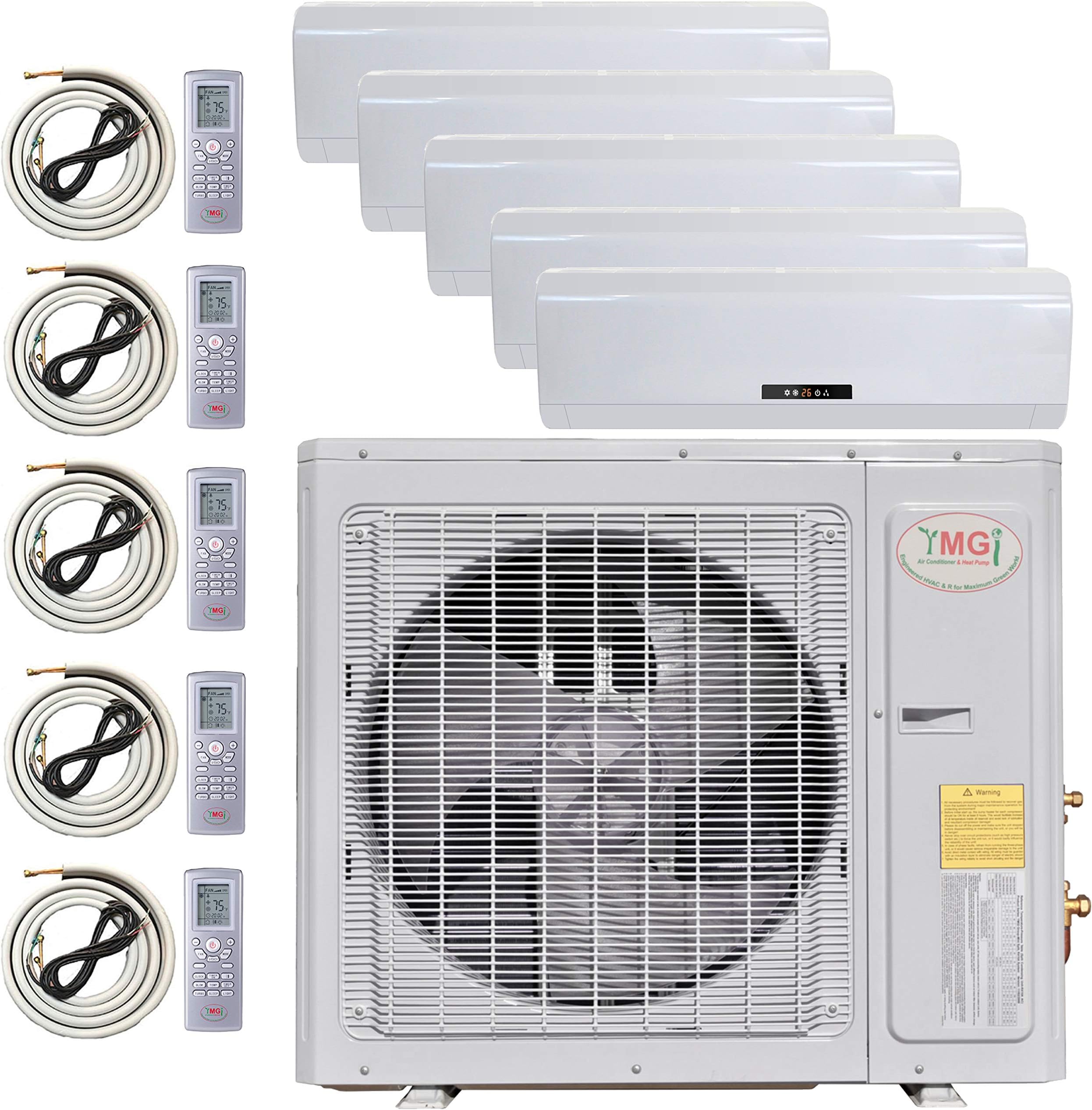 Multi Zone Mini Split Ductless Air Conditioner - Five Zone 9000 + 9000 + 12000 + 12000 + 24000-5 Zone Pre-Charged Inverter Compressor - Includes Five Free 25' Linesets - US Parts & Tech Support