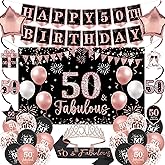 Vlipoeasn 40PCS 50th Birthday Decorations for Women, Black Rose Gold 50th Birthday Backdrop Banner Crown & Sash for Party, 50 Years Old Birthday Party Supplies