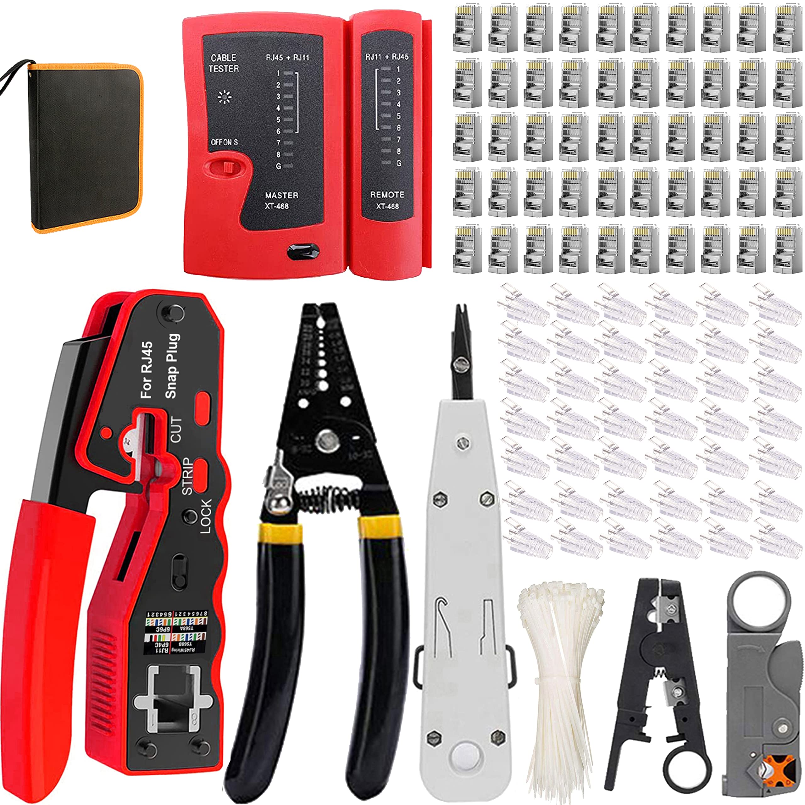 MAYLINE Network Crimp Tool RJ45 RJ11 CAT5 CAT6 CAT7 Pass Through Crimper with 50pcs Connetors 50pcs Covers Cable Tester Cutter Set, Punch Down LAN Wire Ethernet Crimping Tool (RED)