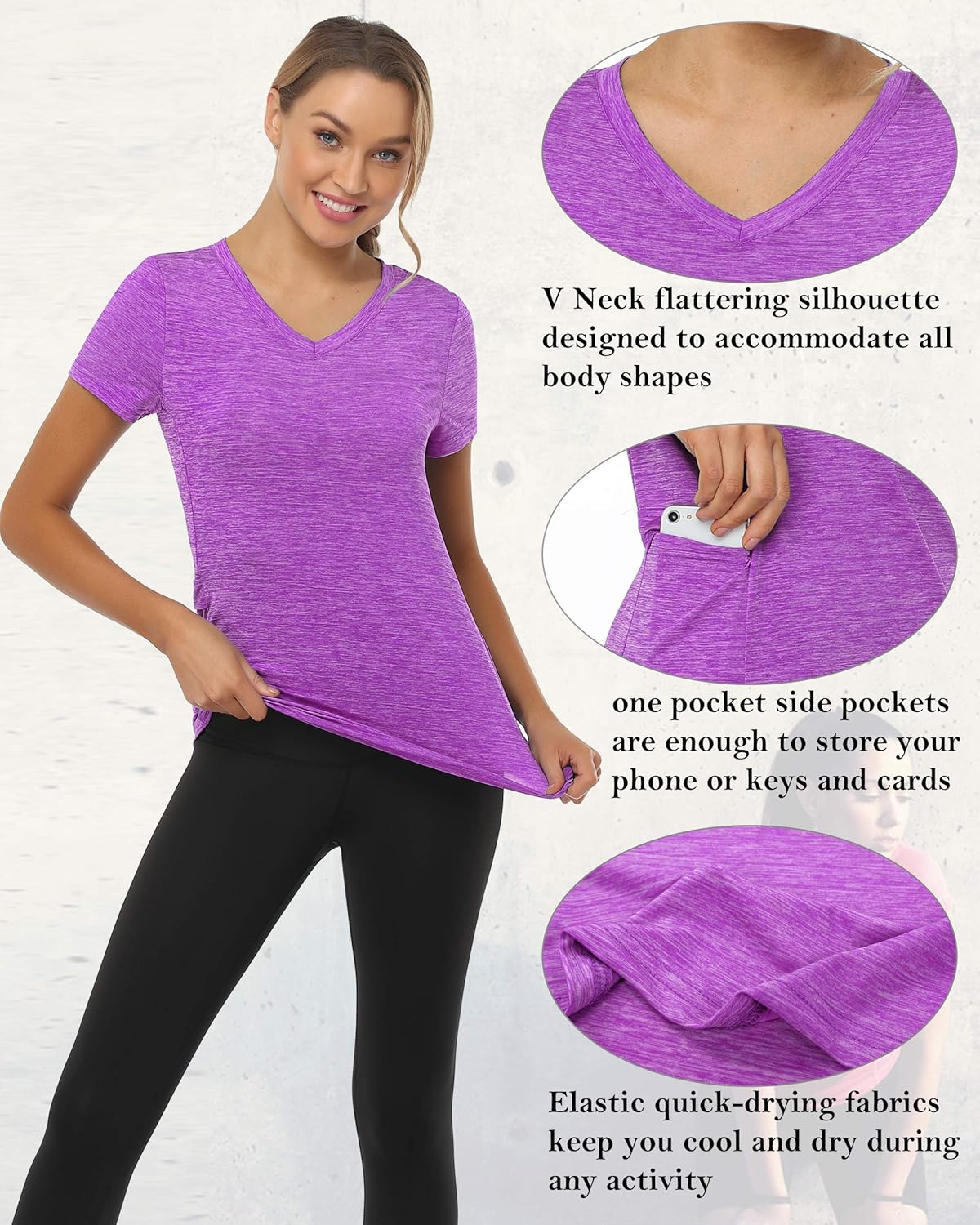 Women's V Neck Workout Top with Pocket Short Sleeve Dry Fit Active Running Hiking Shirt: Clothing