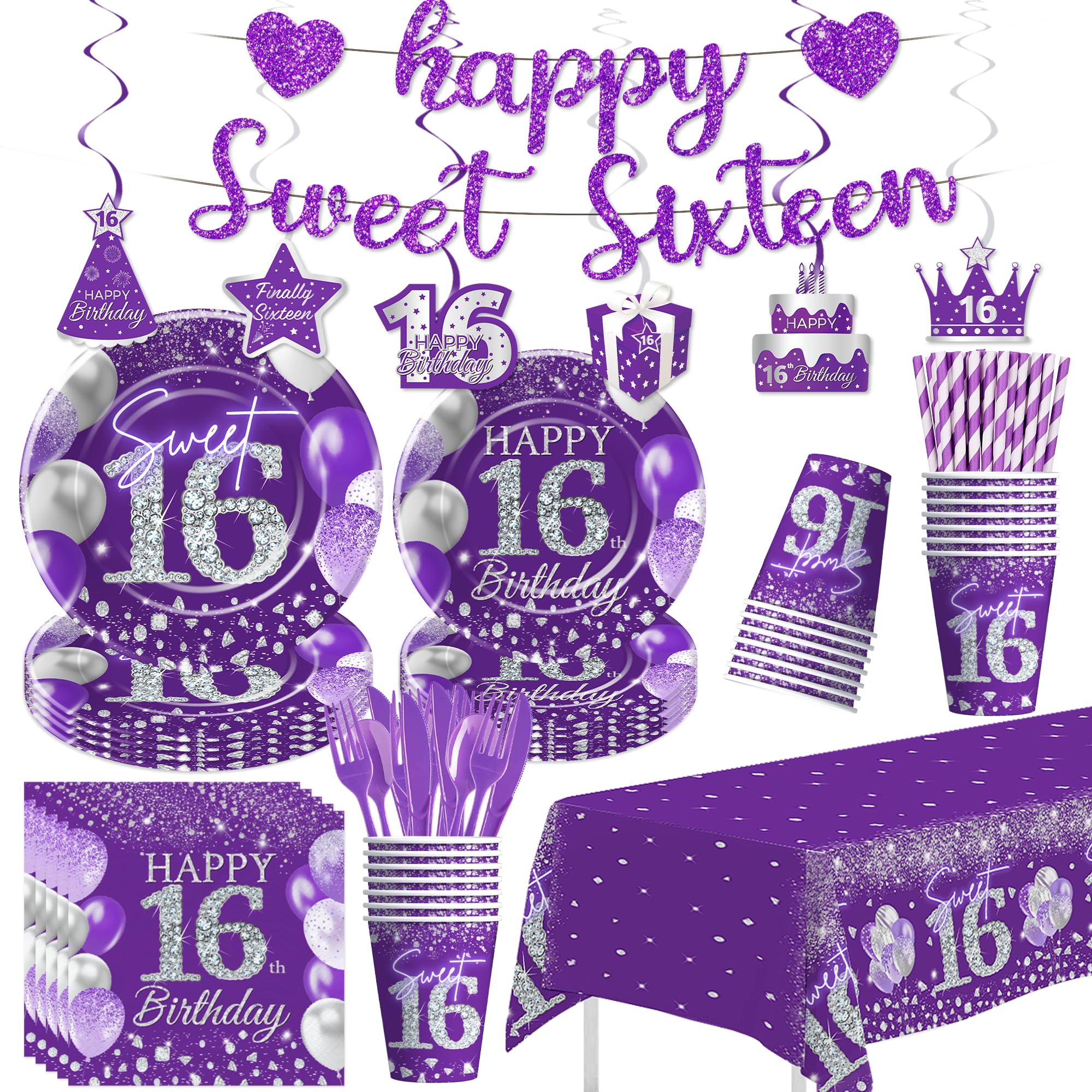 Photo 1 of *MISSING PARTS - see clerk notes*
Owelleny Sweet 16 Birthday Decorations Girls, Purple 16th Birthday Party Supplies, Paper Plates and Napkins Set, Cups, Tablecloth, Banner, Swirls, Happy Sweet Sixteen Table Decorations, Serves 24