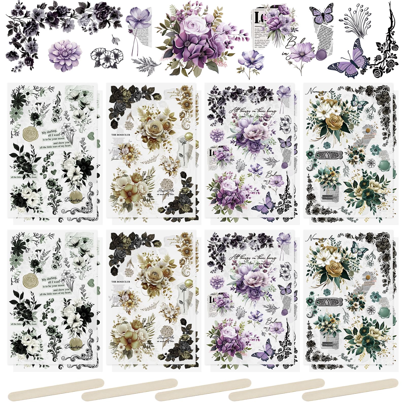 WANDIC 16 Sheets Rub On Transfer Sticker, Retro Flower Stickers for DIY Scrapbooking Photo Albums Furniture,5.9 * 3.9in