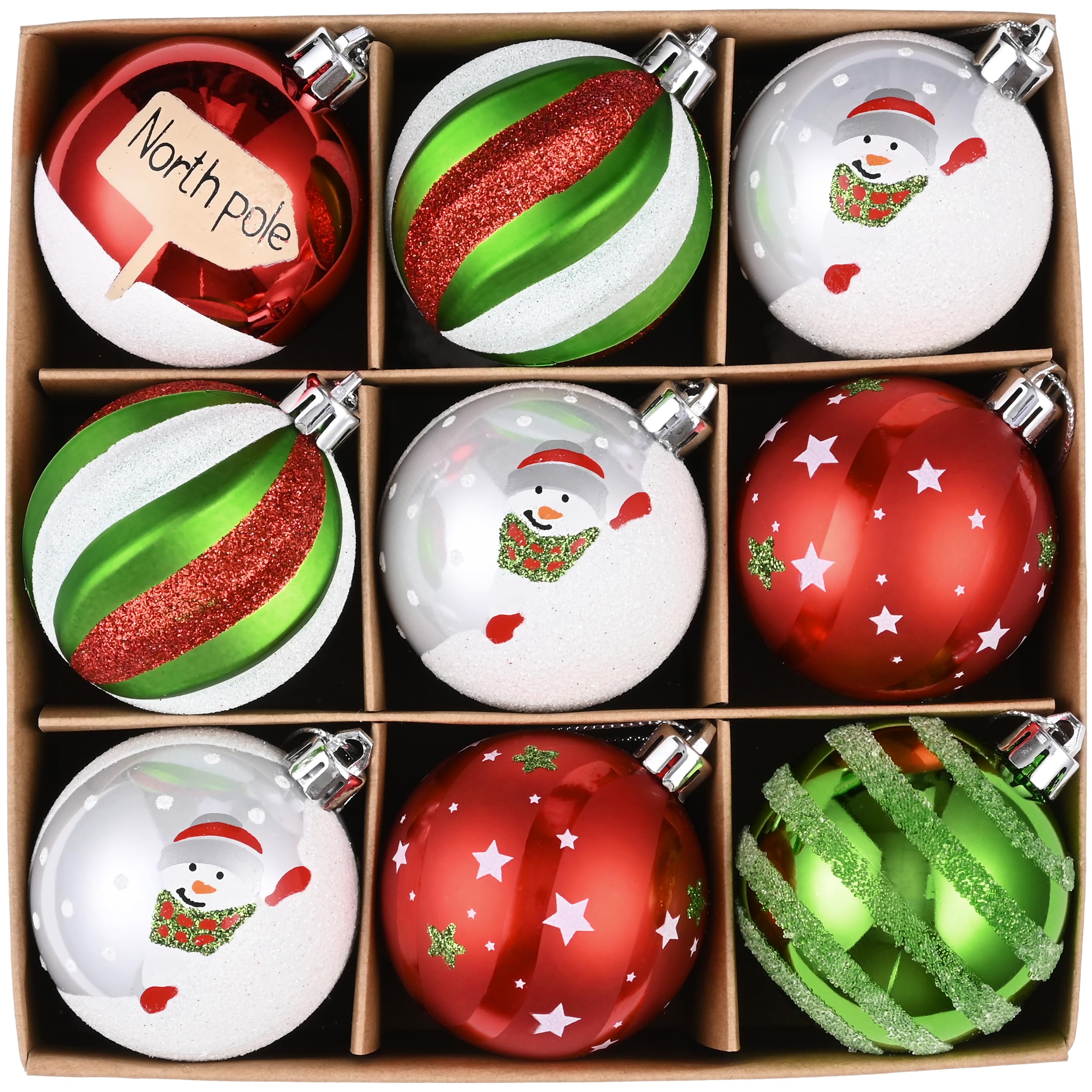 Valery Madelyn Christmas Baubles, 9pcs 6cm Red, Green & White Christmas Ball Ornaments for Tree Decorations