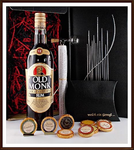 Geschenk Old Monk Gold 12 Jahre indischer Rum + Flaschenportionierer + 9 Edel Schokoladen Confiserie DreiMeister kostenloser 