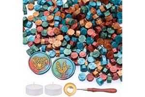 4 Metallic Mixed Colors Sealing Wax Beads, ZRCHLS 370 Pieces Octagon Wax Seal Beads Kit with A Melting Spoon and 2 Candles for Seal Stamp for Gift & Envelope Sealing, Wedding Invitation