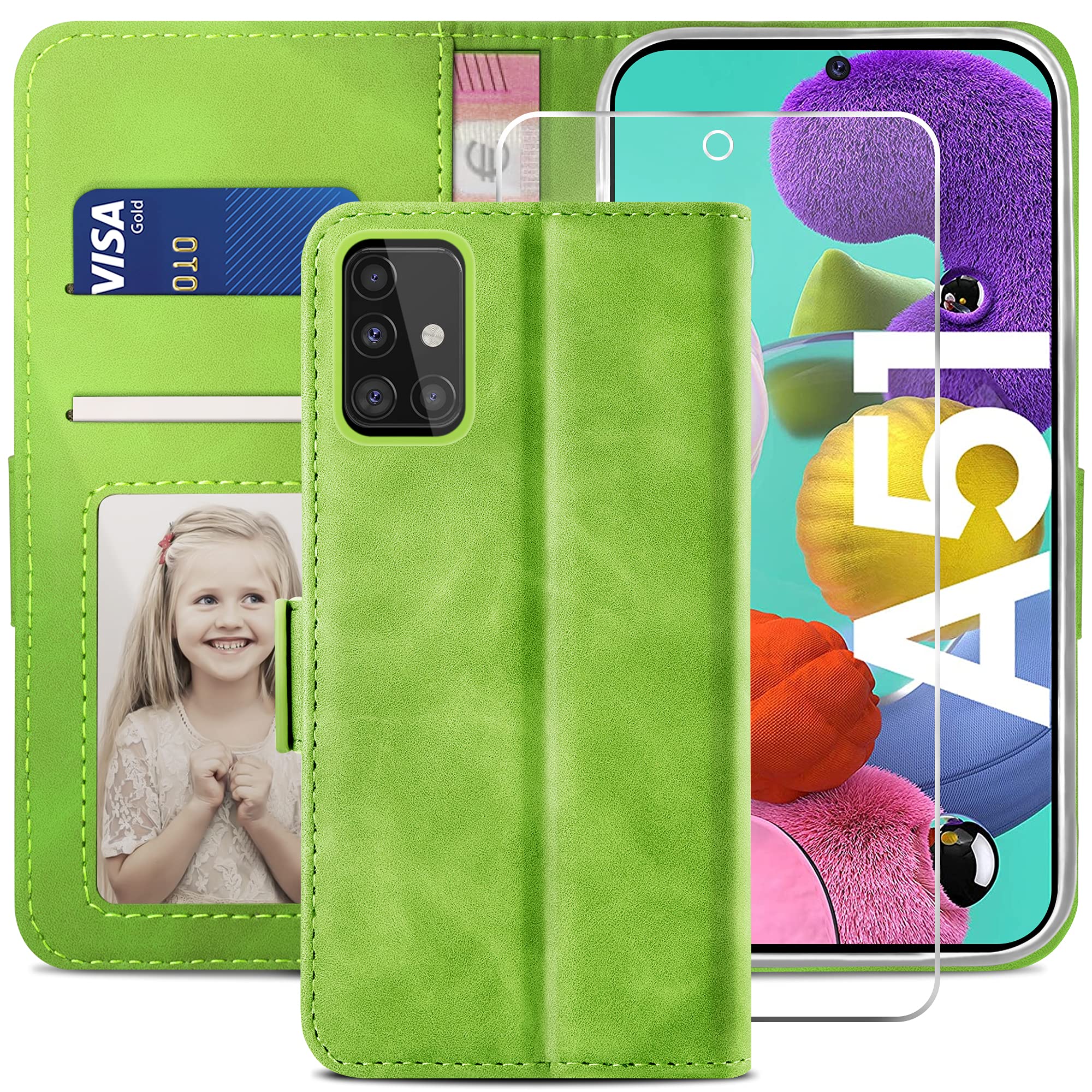 YATWIN Compatible with Samsung Galaxy A51 Case, Flip Wallet Leather Case with Tempered Glass Screen Protector and Card Slot Kickstand Phone Cases Cover for Samsung A51 - Green