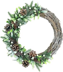 Eucalyptus Wreath for Front Door - Artificial Eucalyptus Wreaths for Spring Summer - Farmhouse Wreath- Real Grapevine, Pine Cone and Faux Berry - Flocked - Farmhouse Table Centrepiece