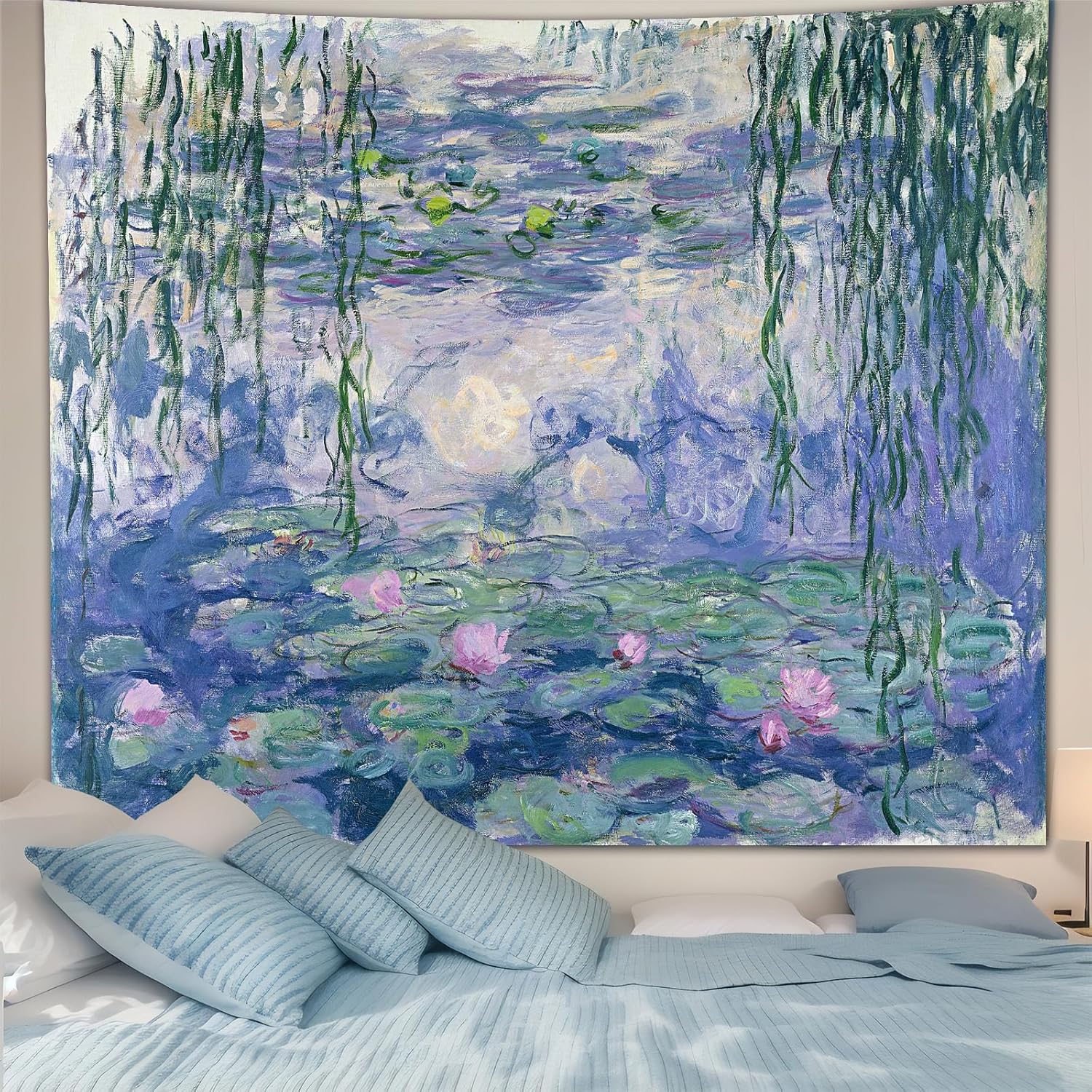 Tapestries - Avinyl Floral Tapestry for Bedroom Aesthetic Blue Water Lilies by Monet Wall Art Poster Abstract Nature Flower Wall Hanging for Living Room Dorm Decor 51in x 60in